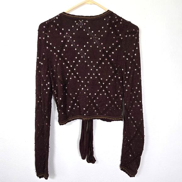 VTG Cache Y2K Shrug Sweater L Brown Gold Sequin Bead Dark Romantic Forest Fairy - Picture 2 of 9
